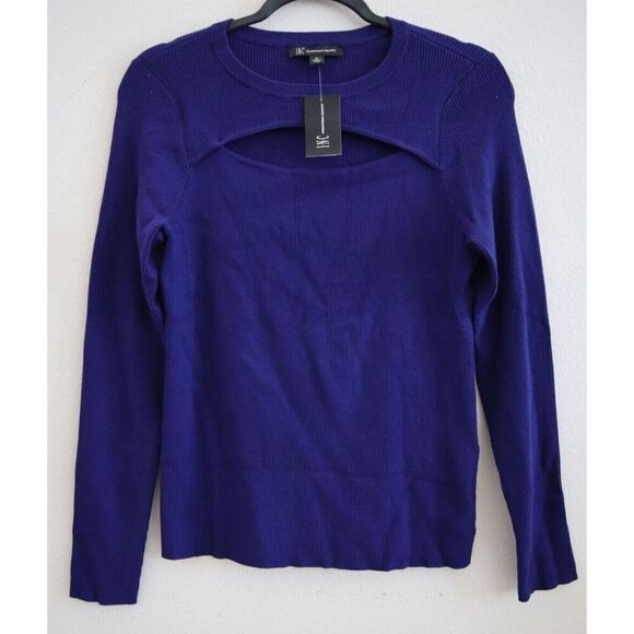 INC International Concepts Women's Sz M Blue Ribbed Cutout Crewneck Sweater - Picture 1 of 7